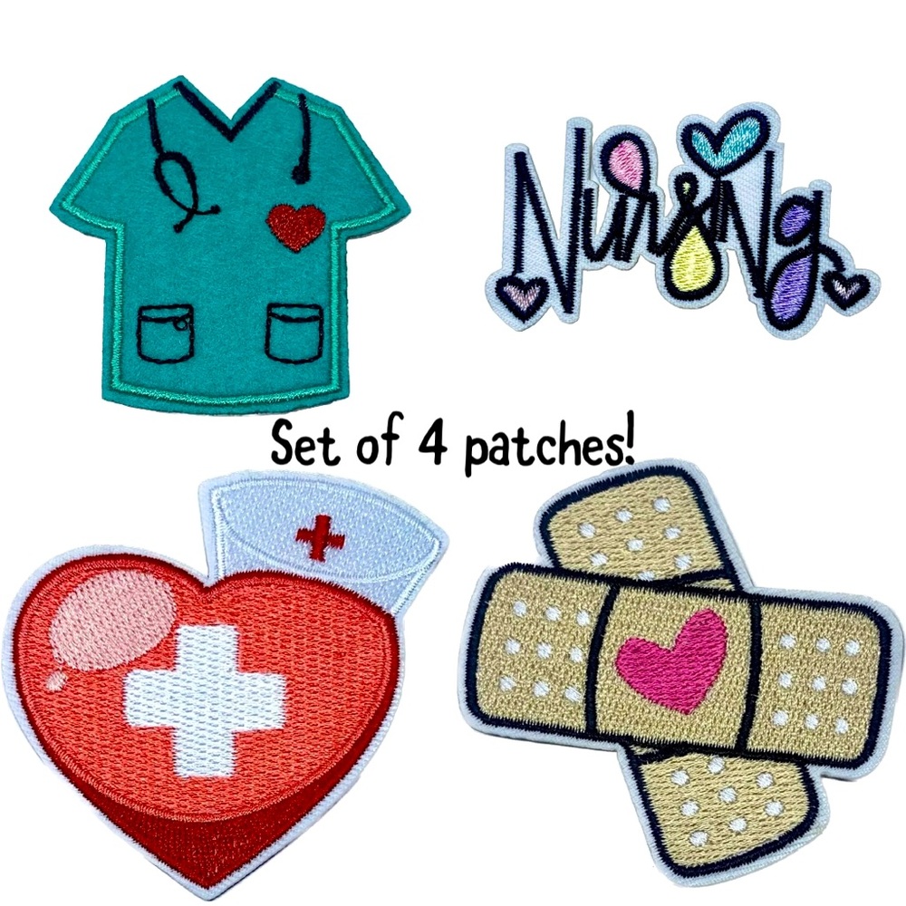 Nursing Patch Set of 4, RN NP Nurse, scrubs bandage heart kawaii iron on patches